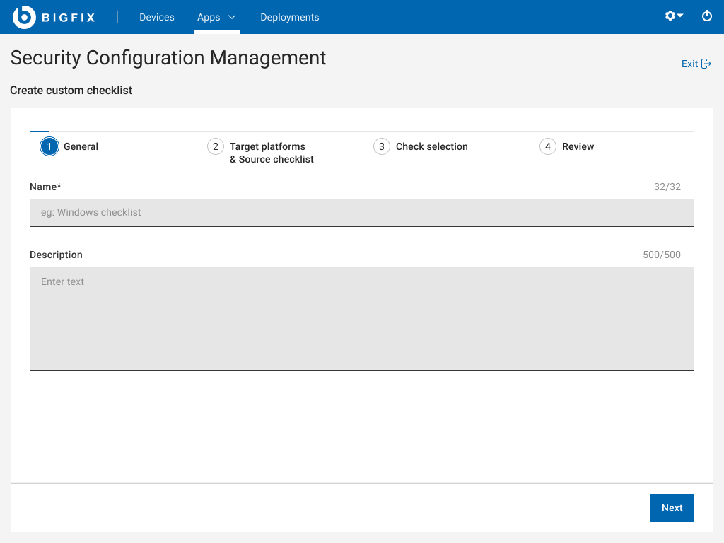 Step 1 general default state with empty name and description fields