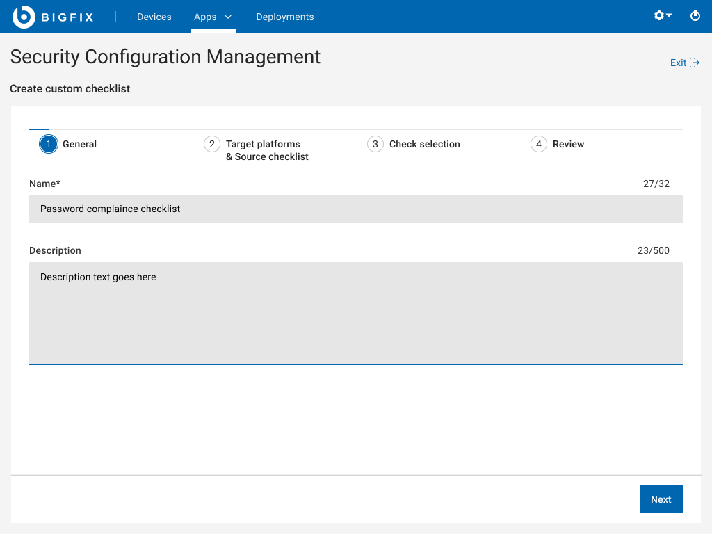 Step 1 filled state showing name and description entered
