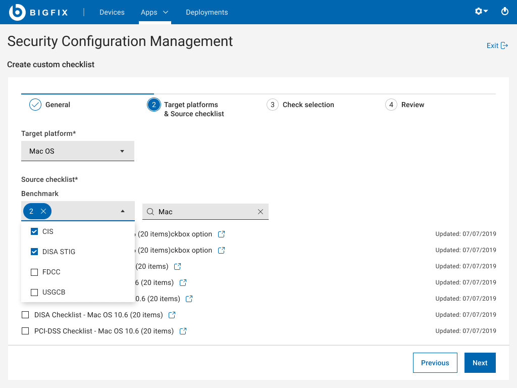 Step 2 with keyword search active filtering the checklist list