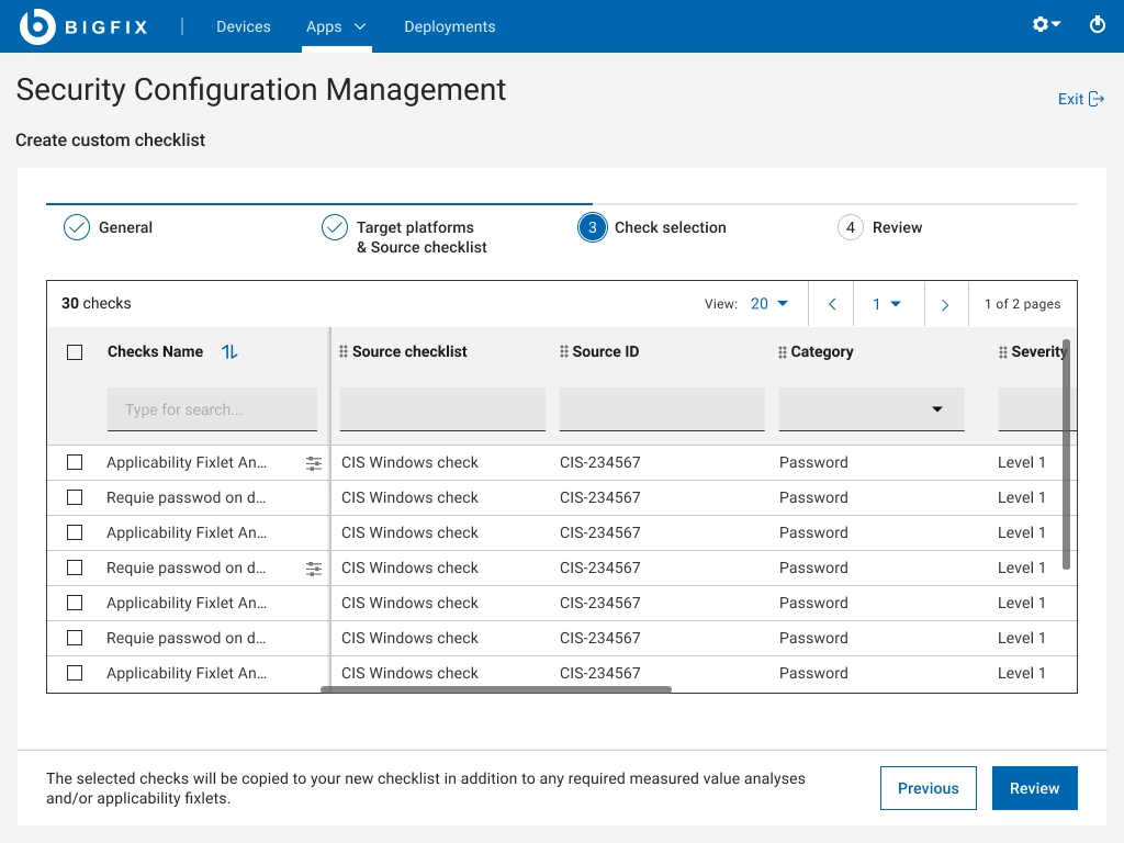 Check selection table showing 30 checks with source checklist, source ID, category and severity columns