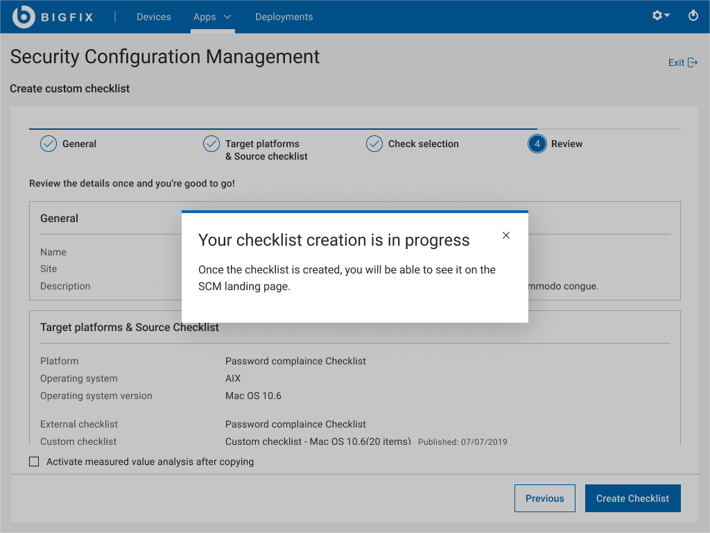 Checklist creation in progress modal telling user where to find the checklist