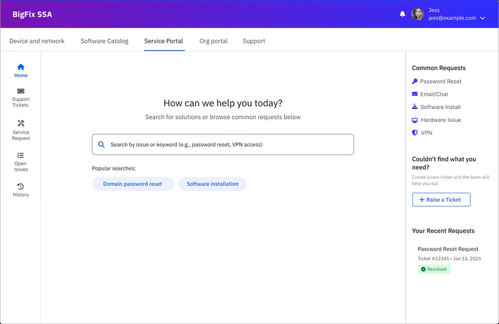 Service Portal Home showing keyword search, popular searches, common requests sidebar and recent requests