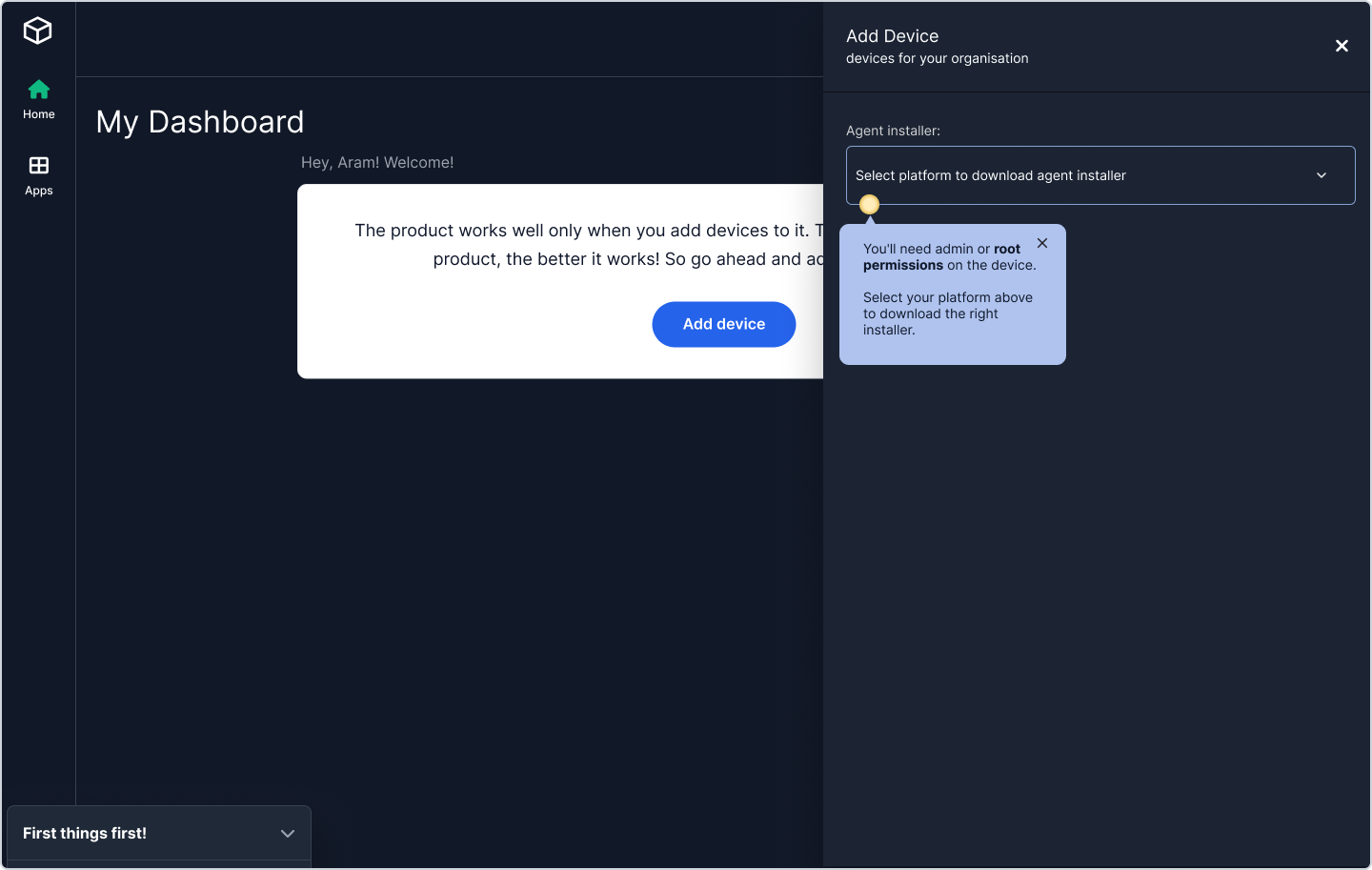 Add Device panel with platform dropdown and contextual popover about admin permissions