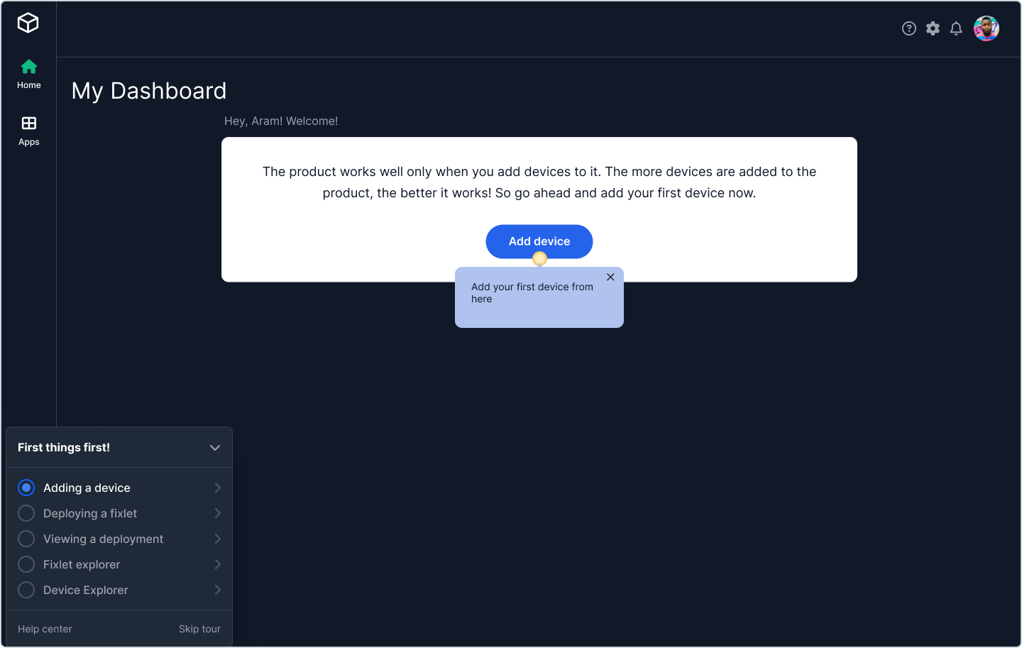 Dashboard with task checklist open and hotspot pointing to Add Device button