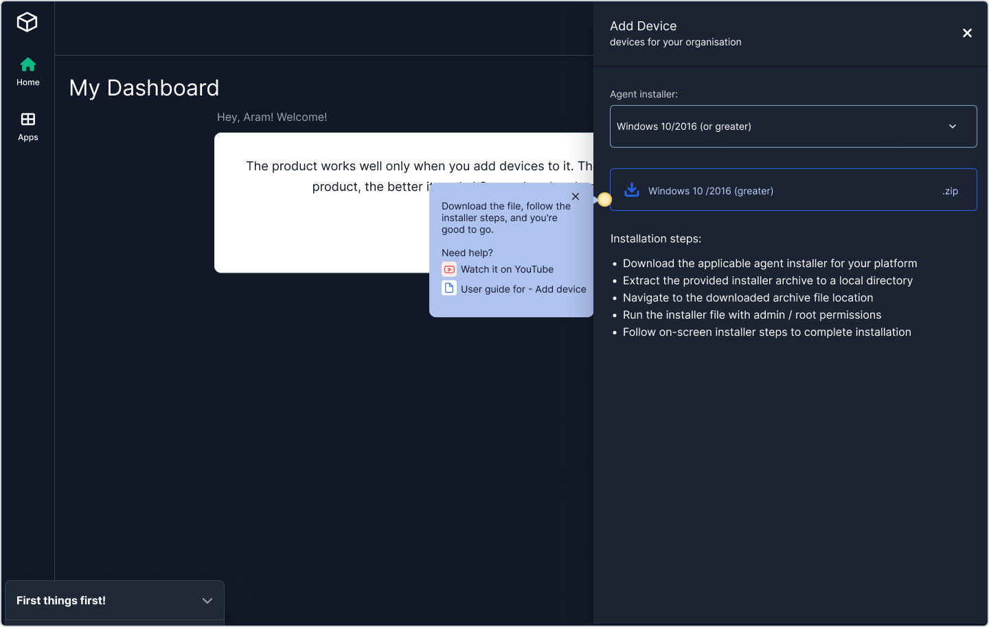 Platform selected with download available and popover linking to YouTube tutorial and user guide